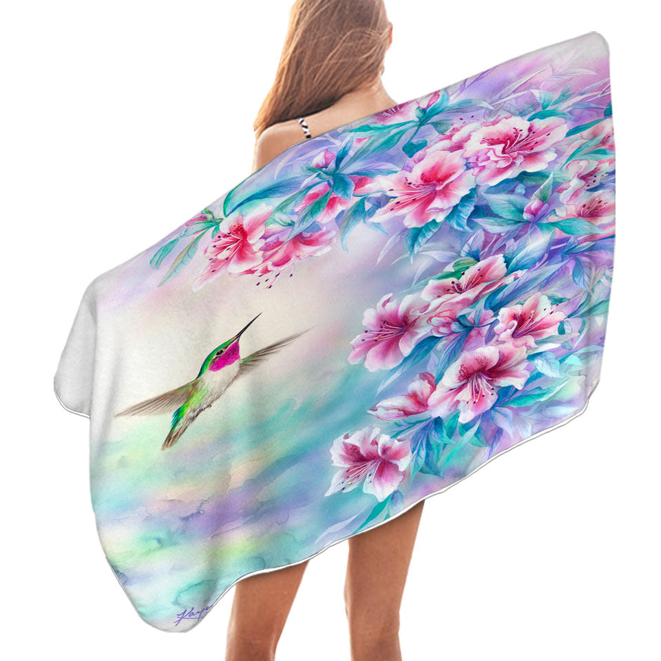 Flower Art Pinkish Hibiscus and Hummingbird Beach Towels