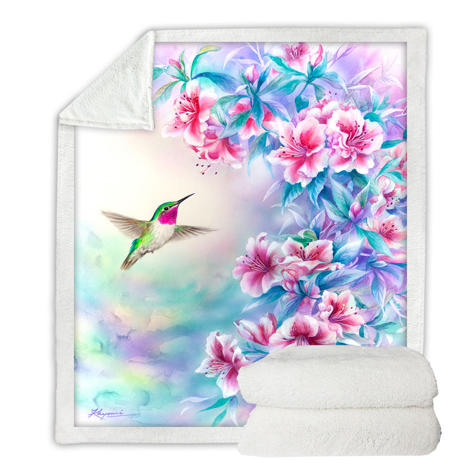 Flower Art Pinkish Hibiscus and Hummingbird Fleece Blankets