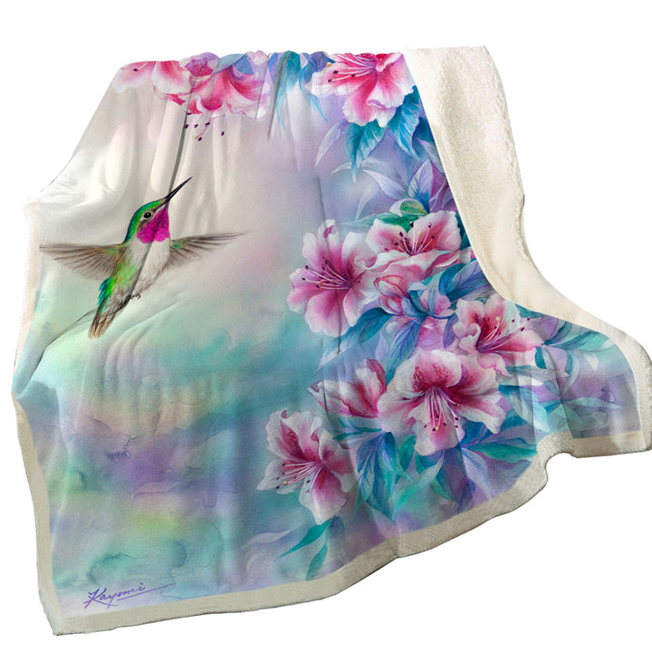 Flower Art Pinkish Hibiscus and Hummingbird Throw Blanket