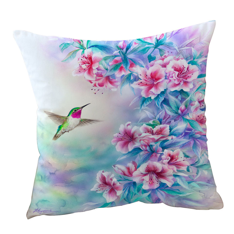 Flower Art Pinkish Hibiscus and Hummingbird Throw Pillow