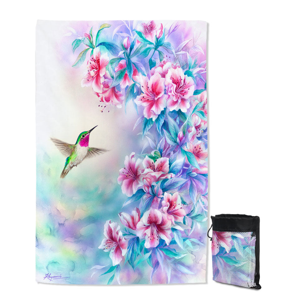 Flower Art Pinkish Hibiscus and Hummingbird Unique Beach Towels