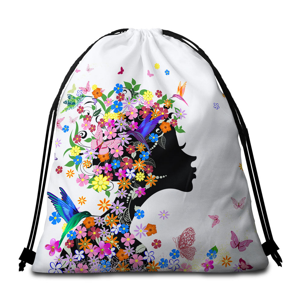 Flower Girl and Hummingbirds Beach Towel Bags