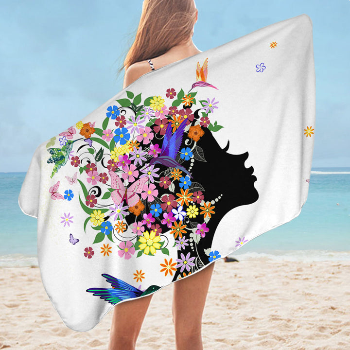 Flower Girl and Hummingbirds Lightweight Beach Towel