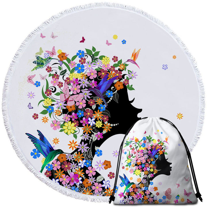 Flower Girl and Hummingbirds Round Beach Towel
