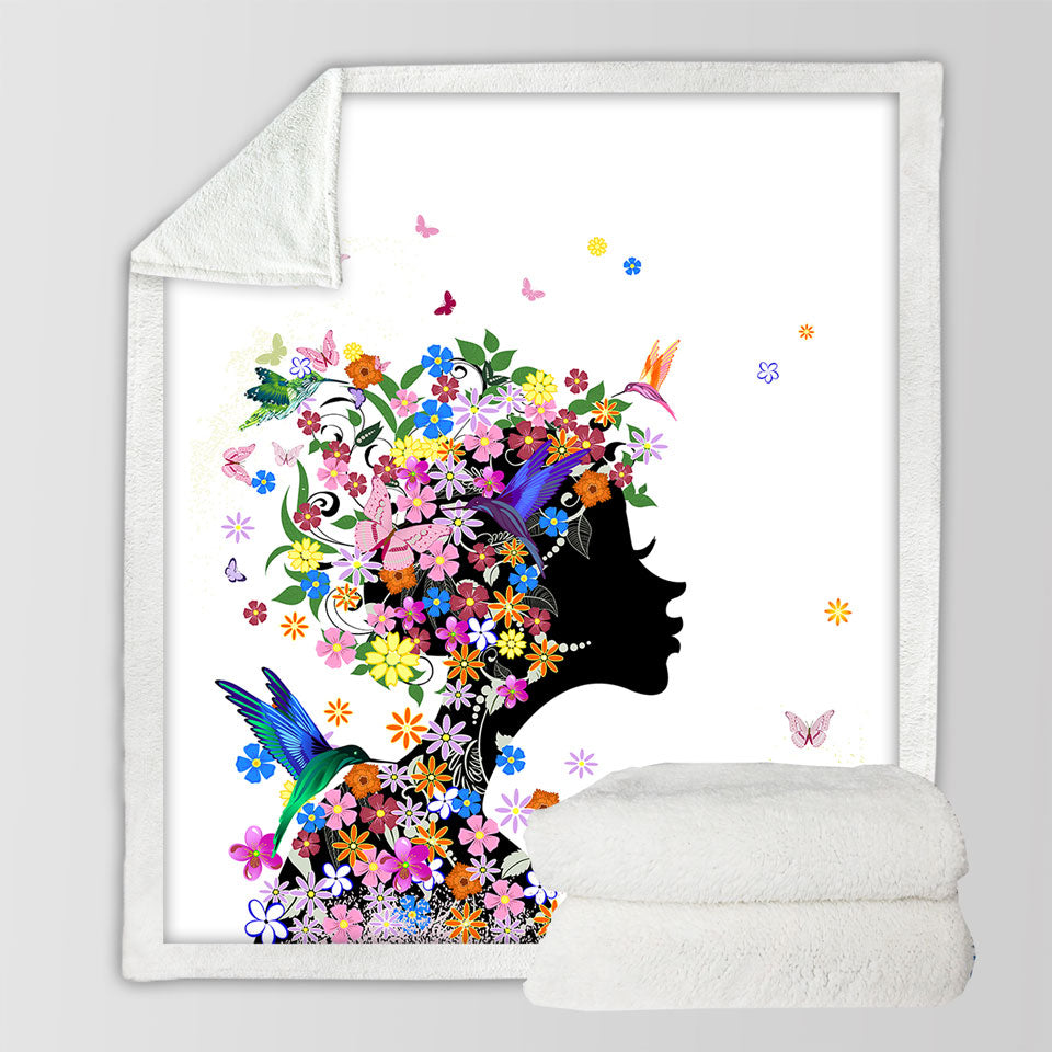 Flower Girl and Hummingbirds Throw Blanket