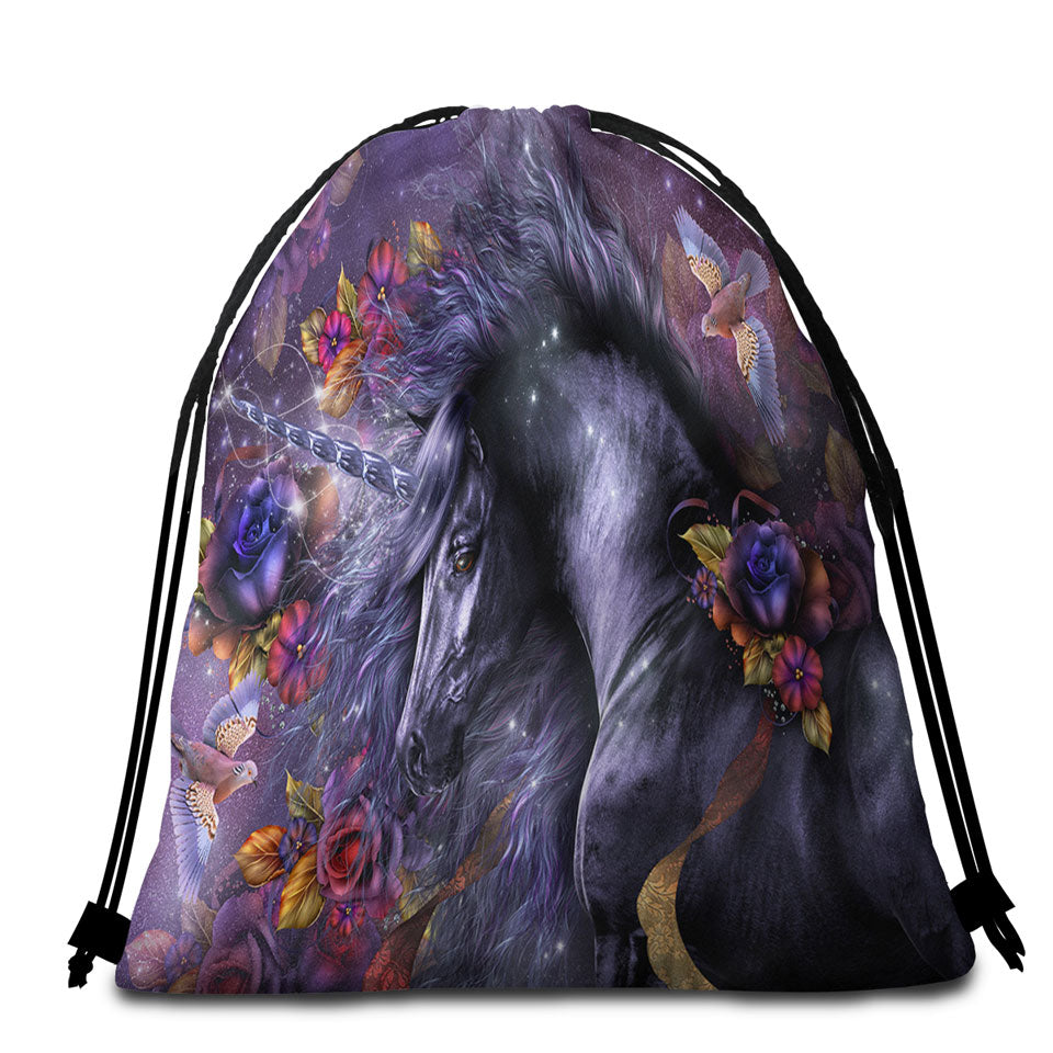 Flowers Birds and Beautiful Magical Unicorn Horse Beach Towel Bags