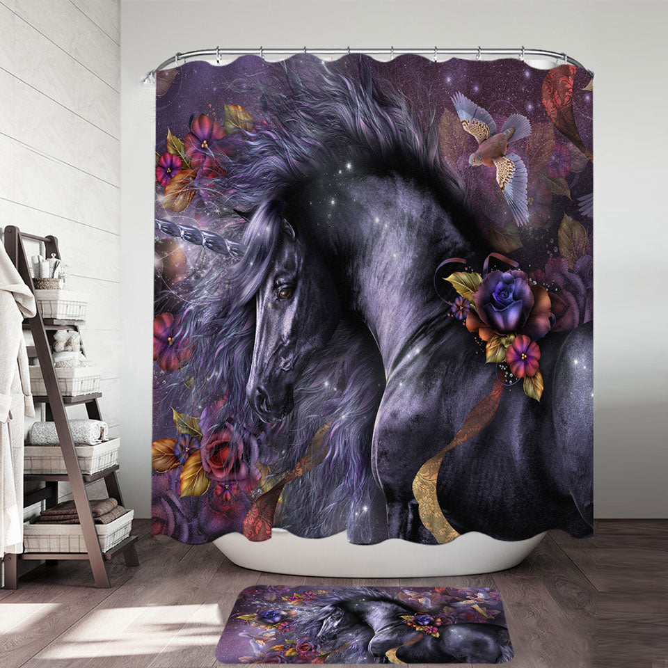 Flowers Birds and Beautiful Magical Unicorn Horse Shower Curtains for Sale
