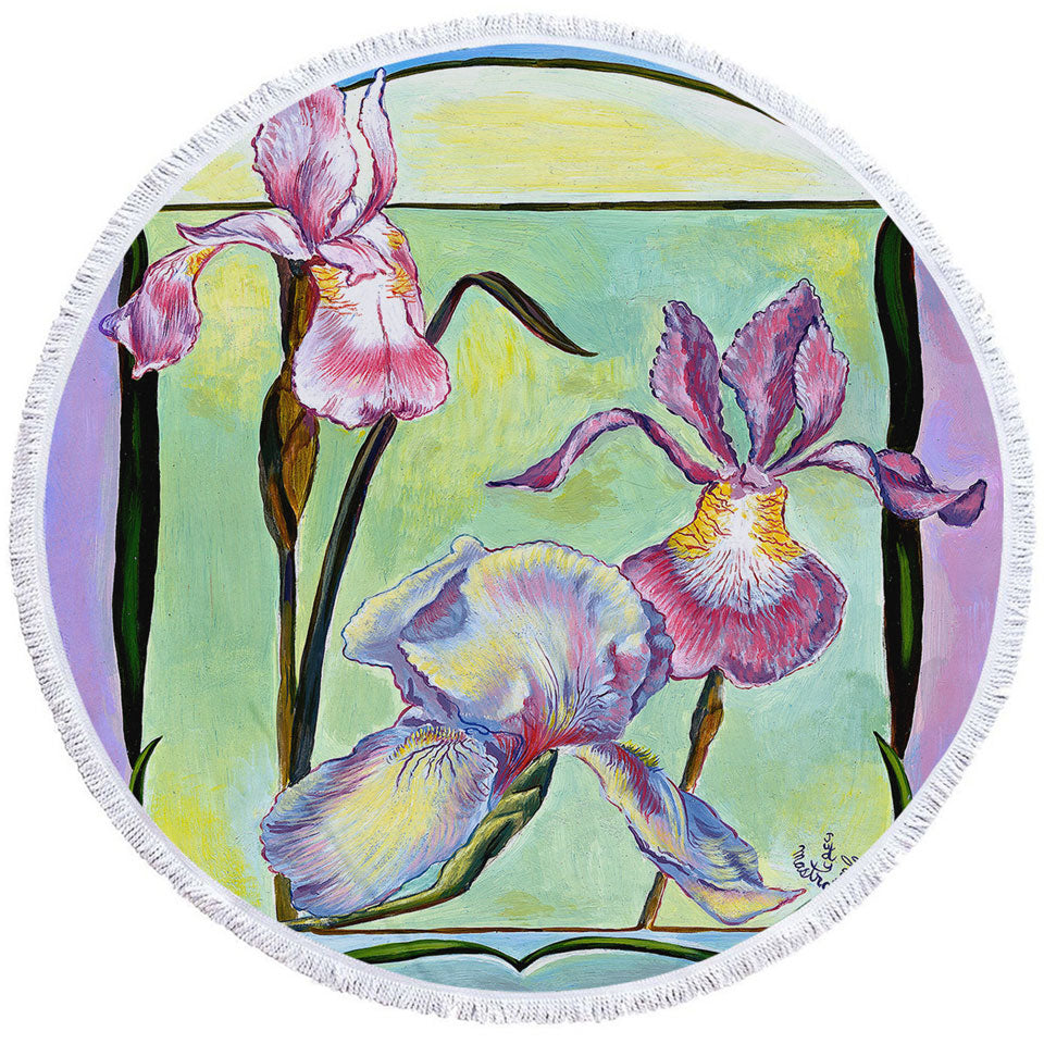 Flowers Painting Art Deco Irises Round Beach Towel