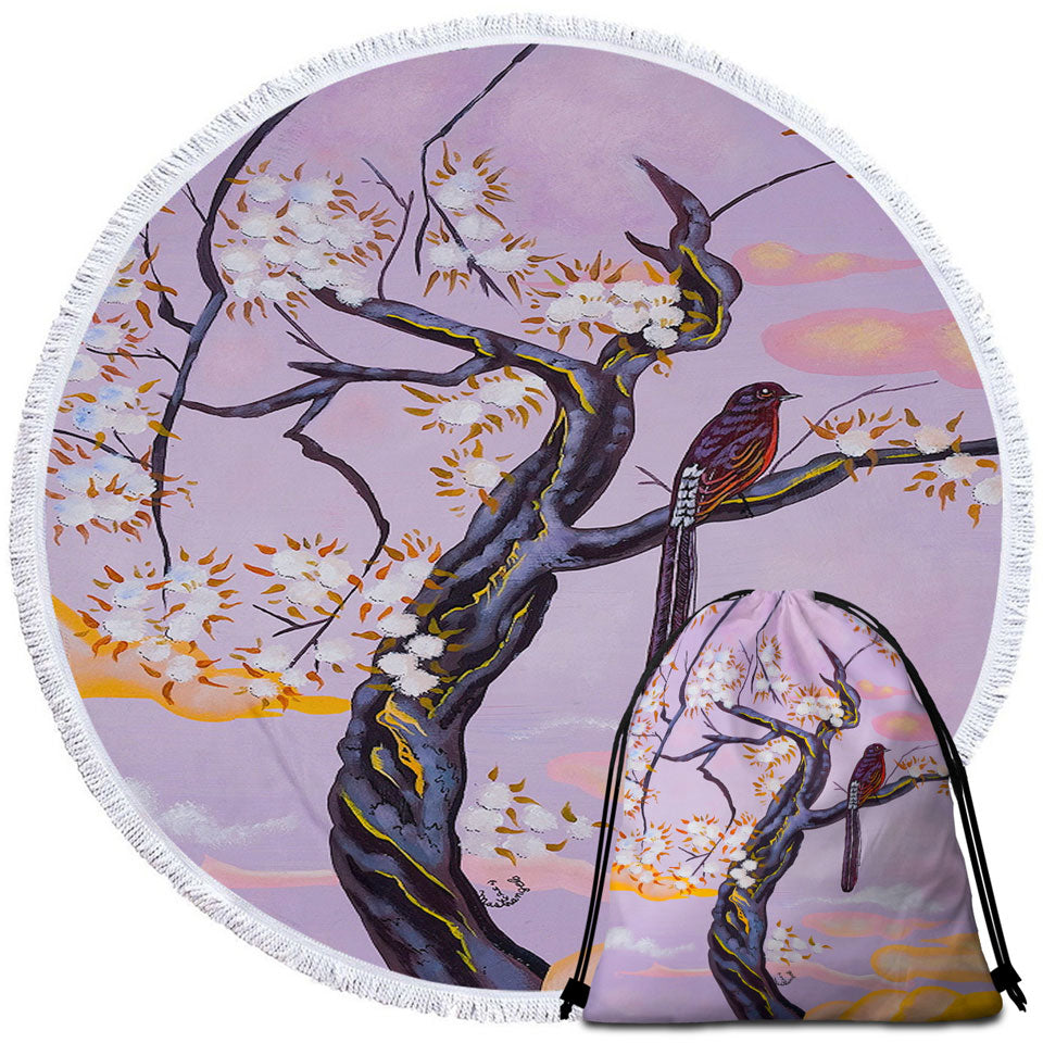 Flowers Painting Bird on Lavender Beach Towels