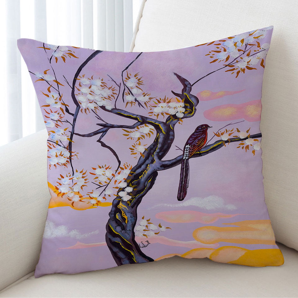 Flowers Painting Bird on Lavender Cushion Cover