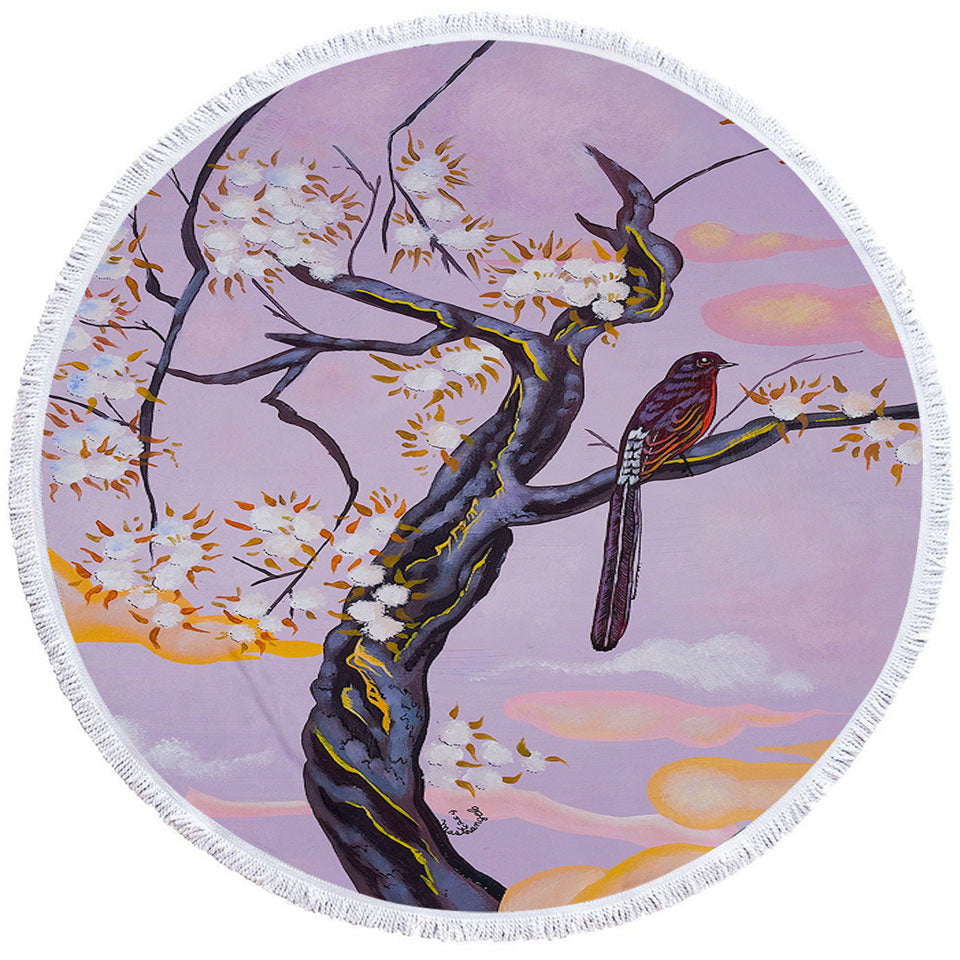 Flowers Painting Bird on Lavender Round Beach Towel