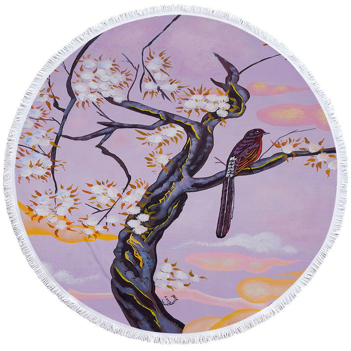 Flowers Painting Bird on Lavender Round Beach Towel