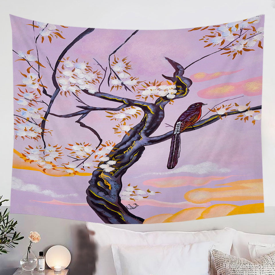 Flowers-Painting-Bird-on-Lavender-Wall-Decor-Tapestry