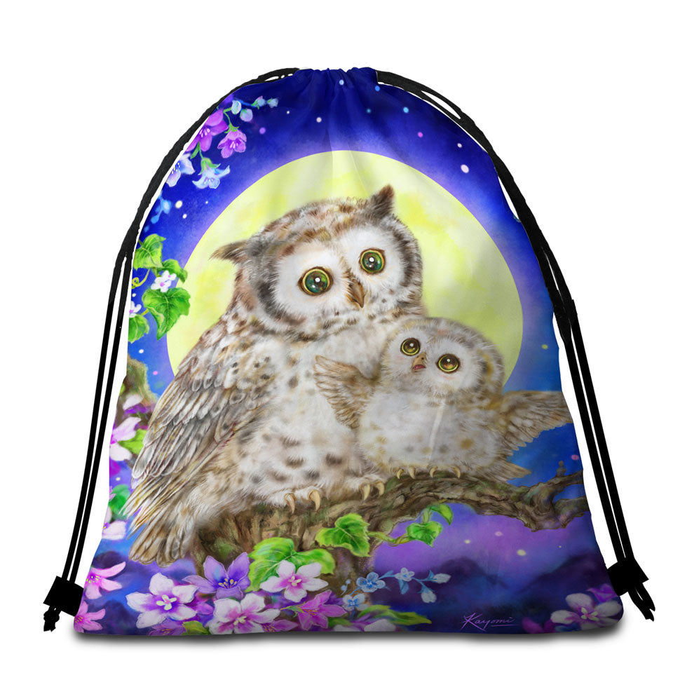 Flowers and Moonlight Owls Beach Towel Bags