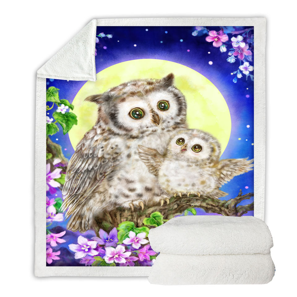 Flowers and Moonlight Owls Kids Throw Blankets