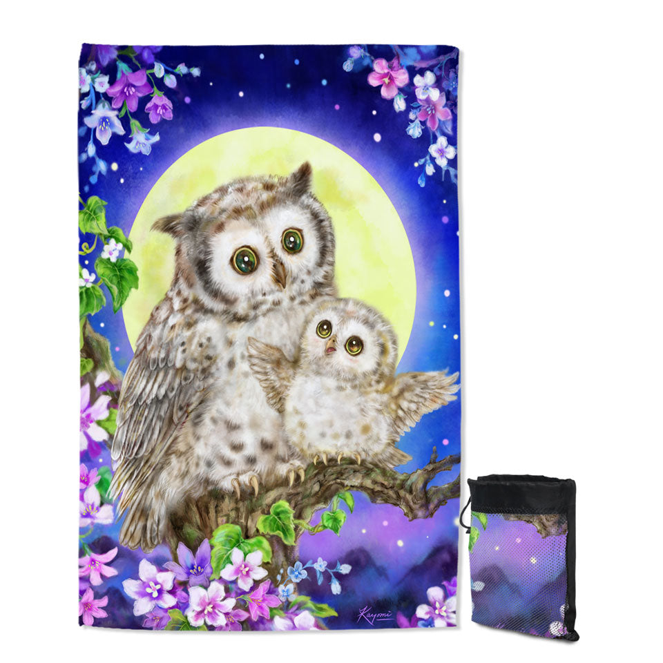 Flowers and Moonlight Owls Lightweight Beach Towel