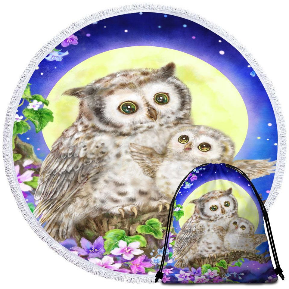 Flowers and Moonlight Owls Round Beach Towel
