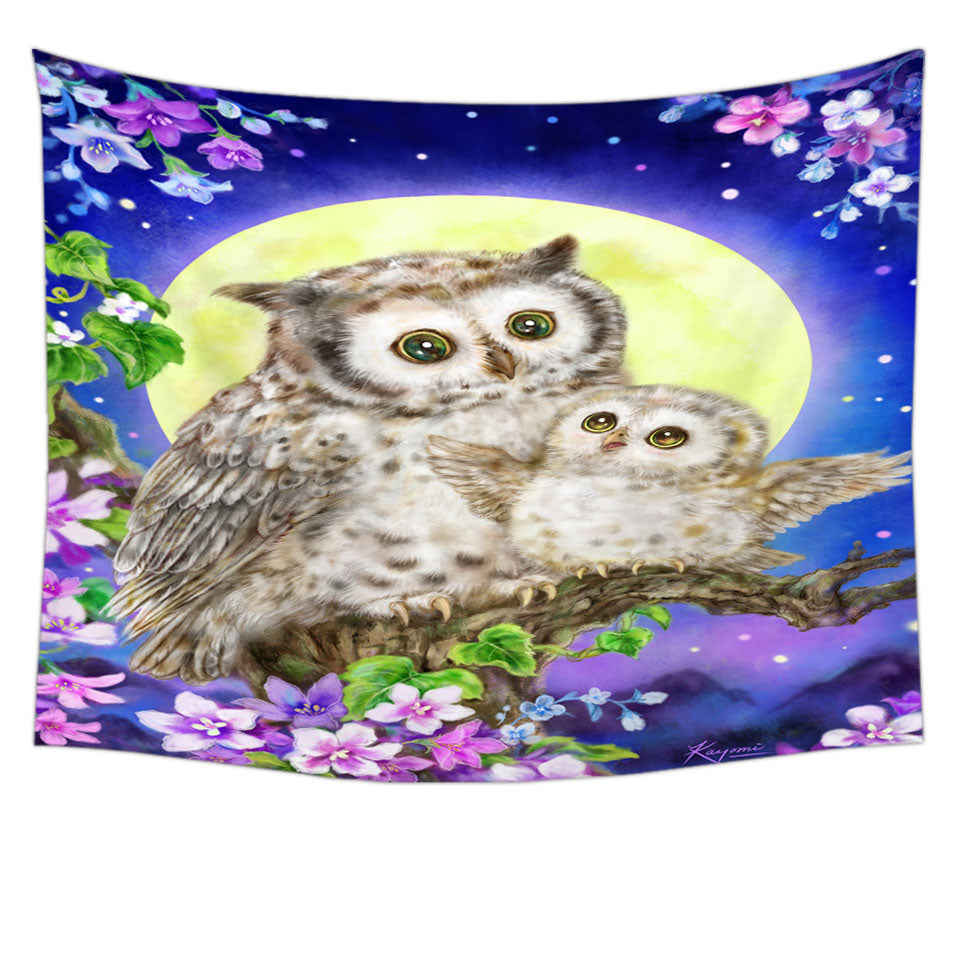 Flowers and Moonlight Owls Tapestry Wall Decor
