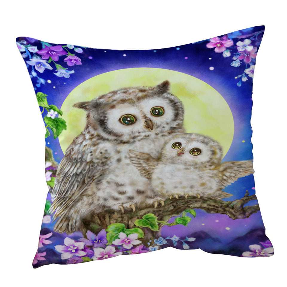 Flowers and Moonlight Owls Throw Pillow Cover