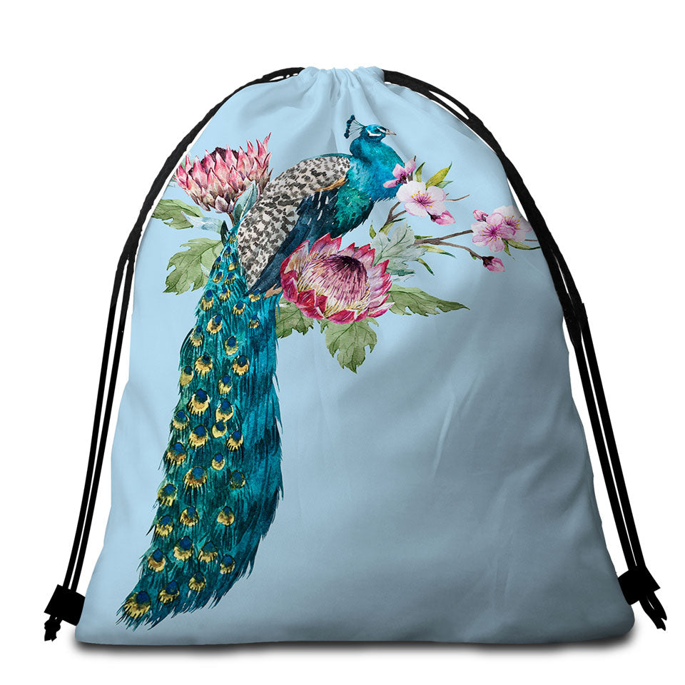 Flowers and Peacock Beach Bags and Towels