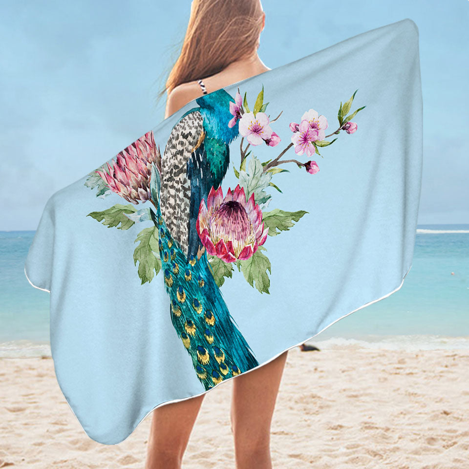 Flowers and Peacock Microfiber Beach Towel