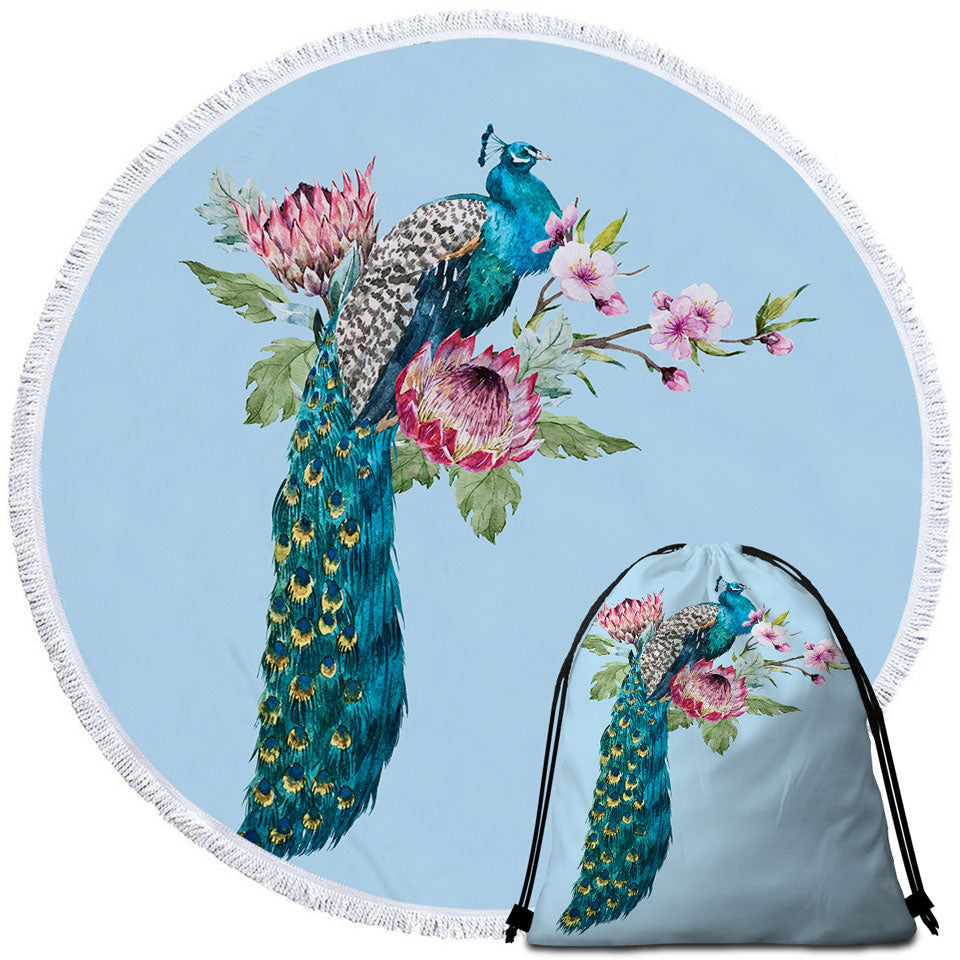 Flowers and Peacock Round Beach Towel