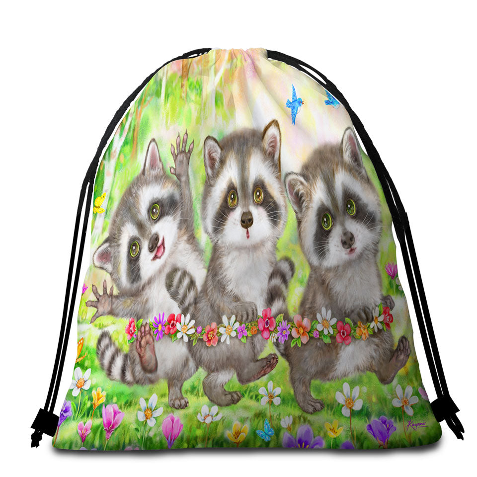 Flowers and Three Raccoons Beach Towel Bags