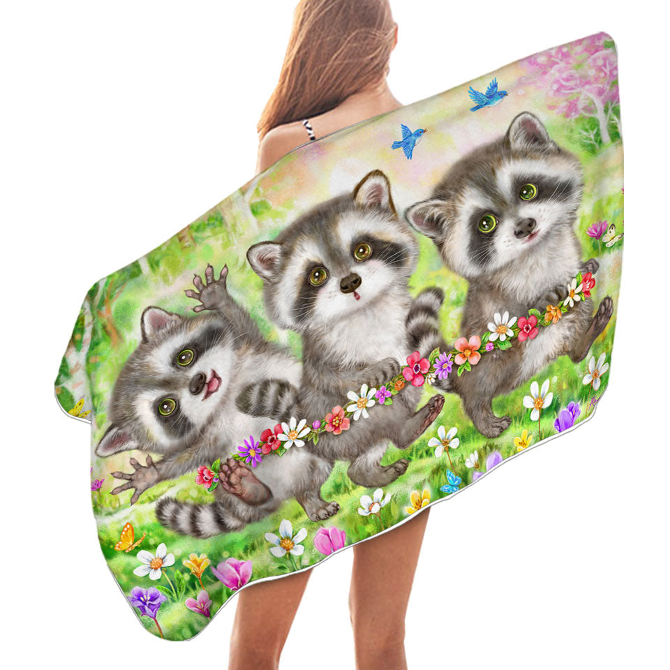 Flowers and Three Raccoons Beach Towels