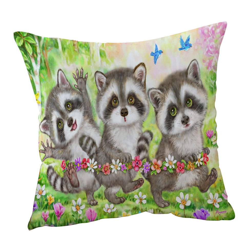 Flowers and Three Raccoons Cushion Covers