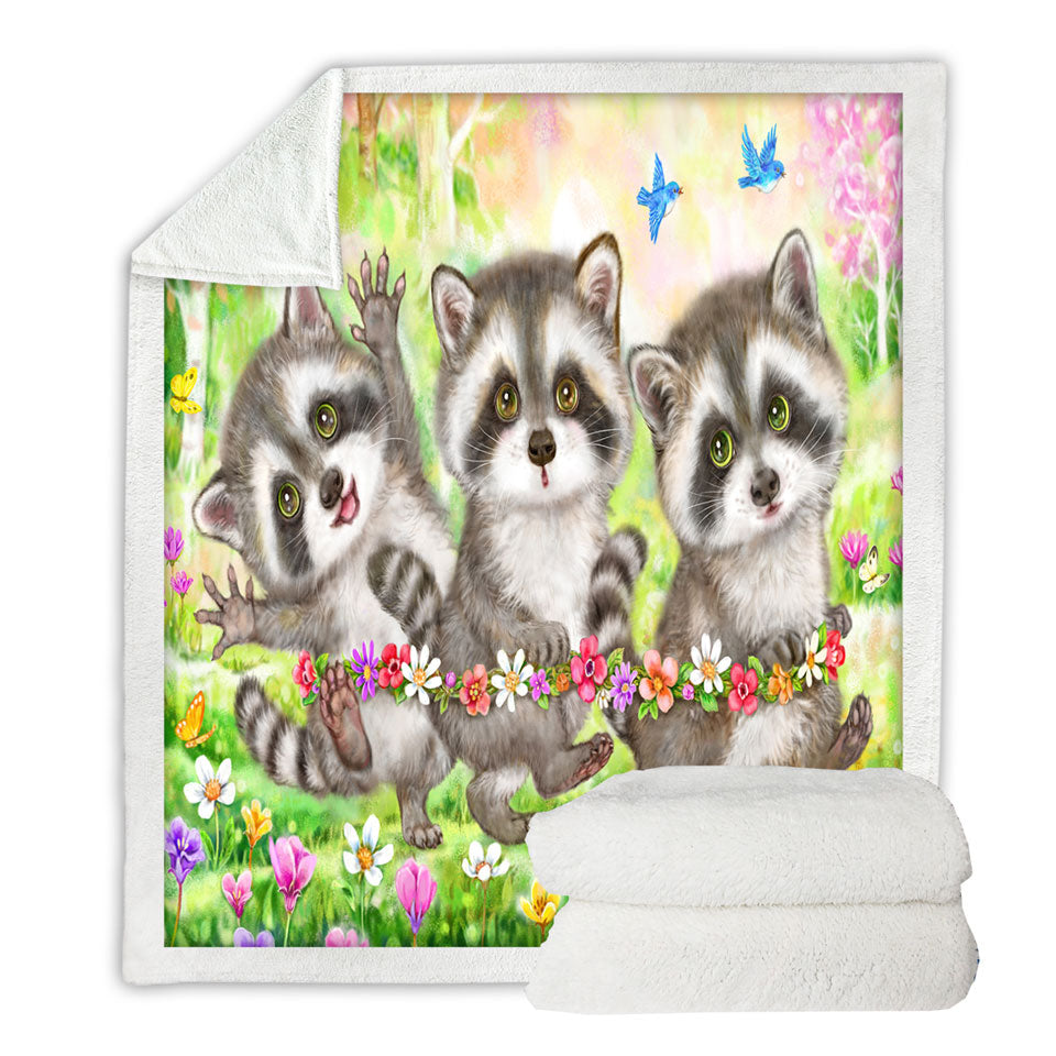 Flowers and Three Raccoons Fleece Blankets