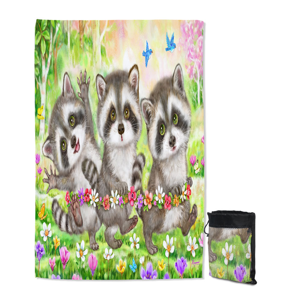 Flowers and Three Raccoons Quick Dry Beach Towel