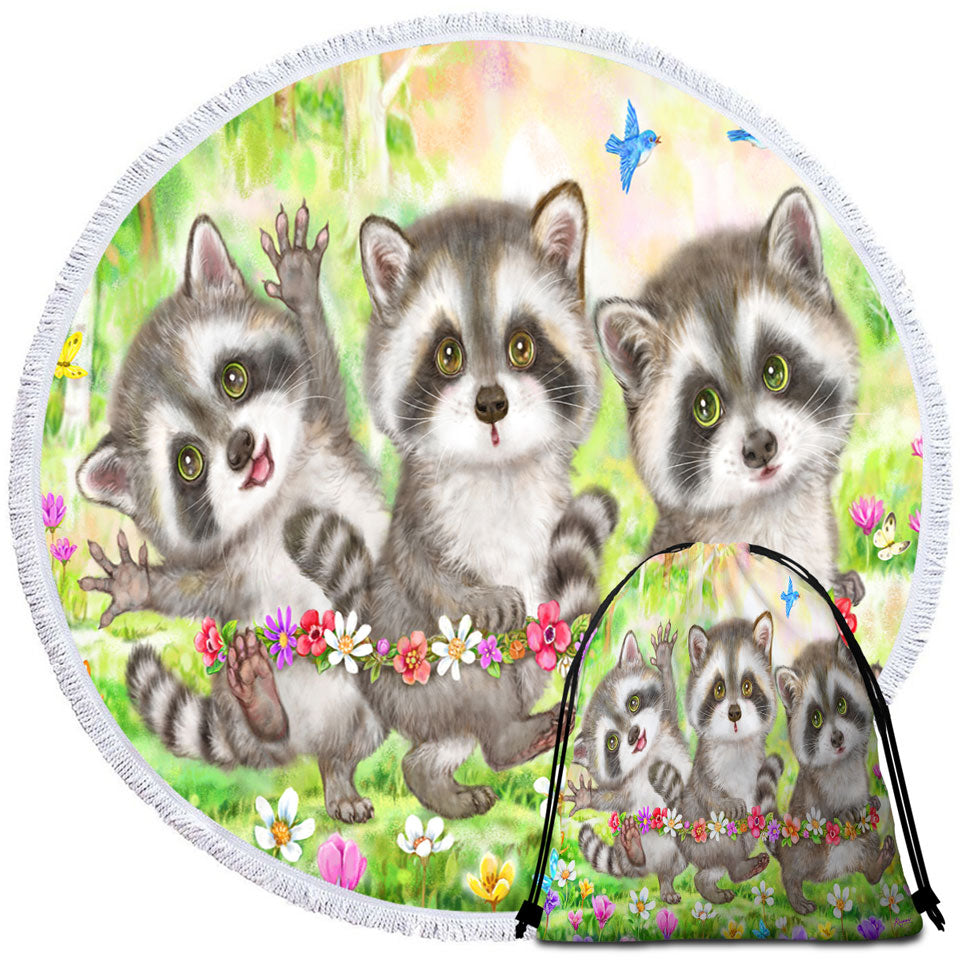 Flowers and Three Raccoons Round Beach Towel