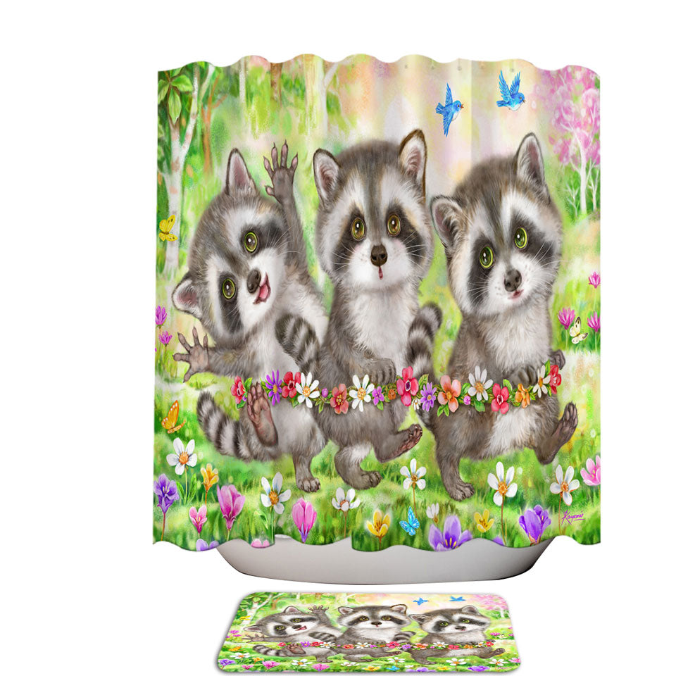 Flowers and Three Raccoons Shower Curtains