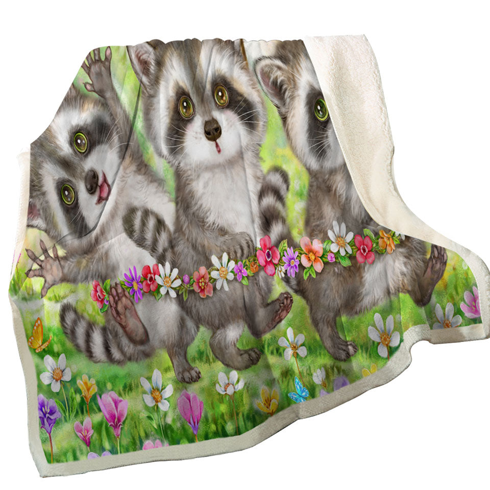 Flowers and Three Raccoons Throw Blanket
