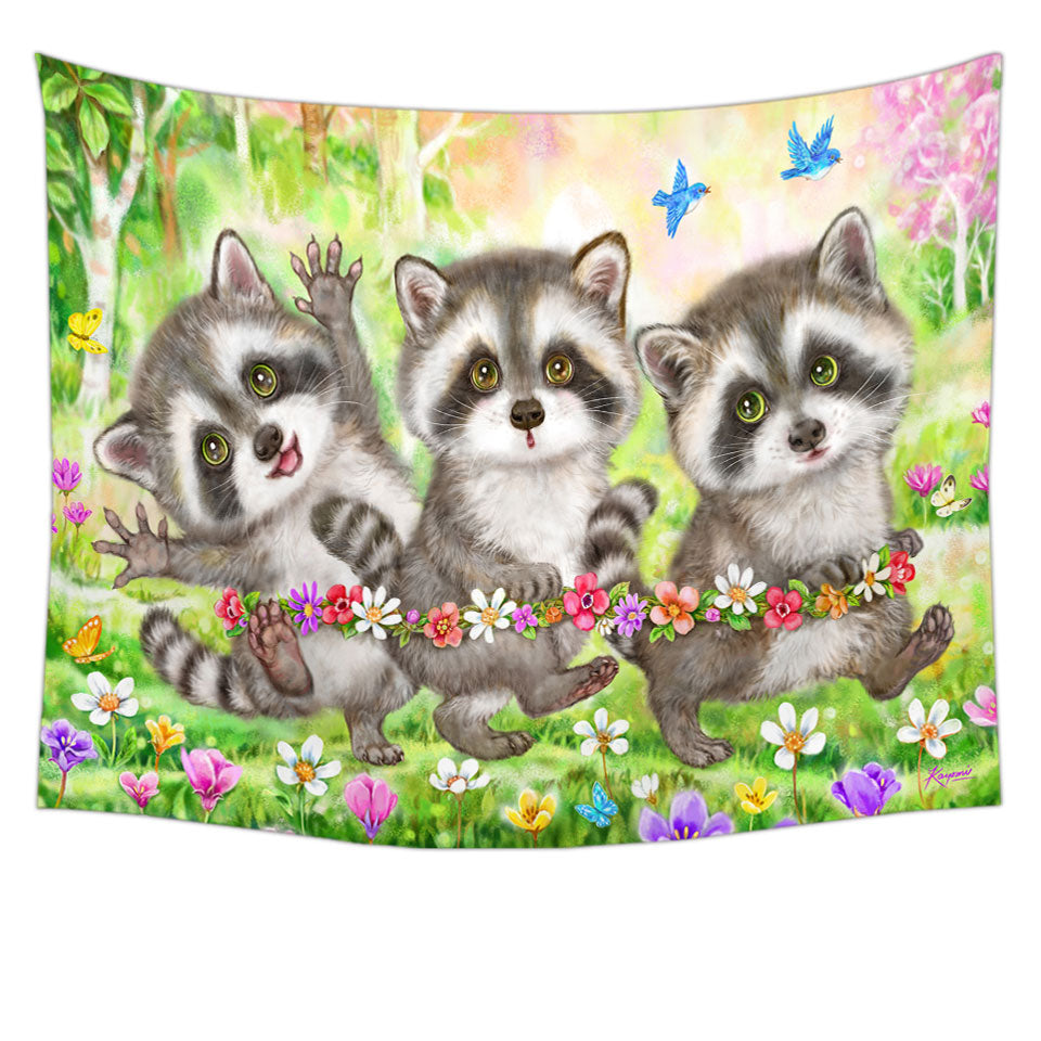 Flowers and Three Raccoons Wall Decor Tapestry