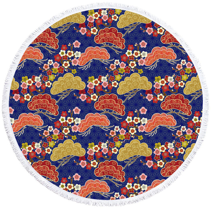 Flowers and Trees Asian Japanese Circle Beach Towel