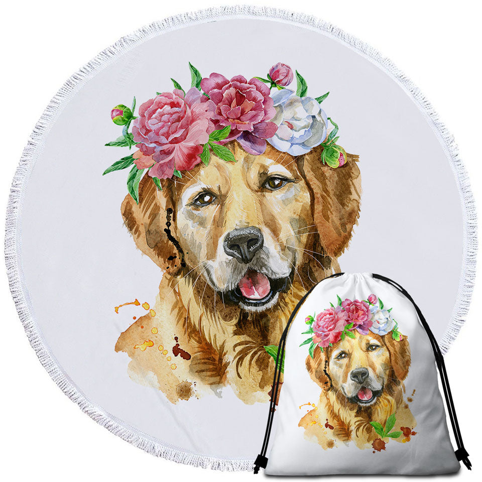 Flowery Labrador Dog Round Beach Towel