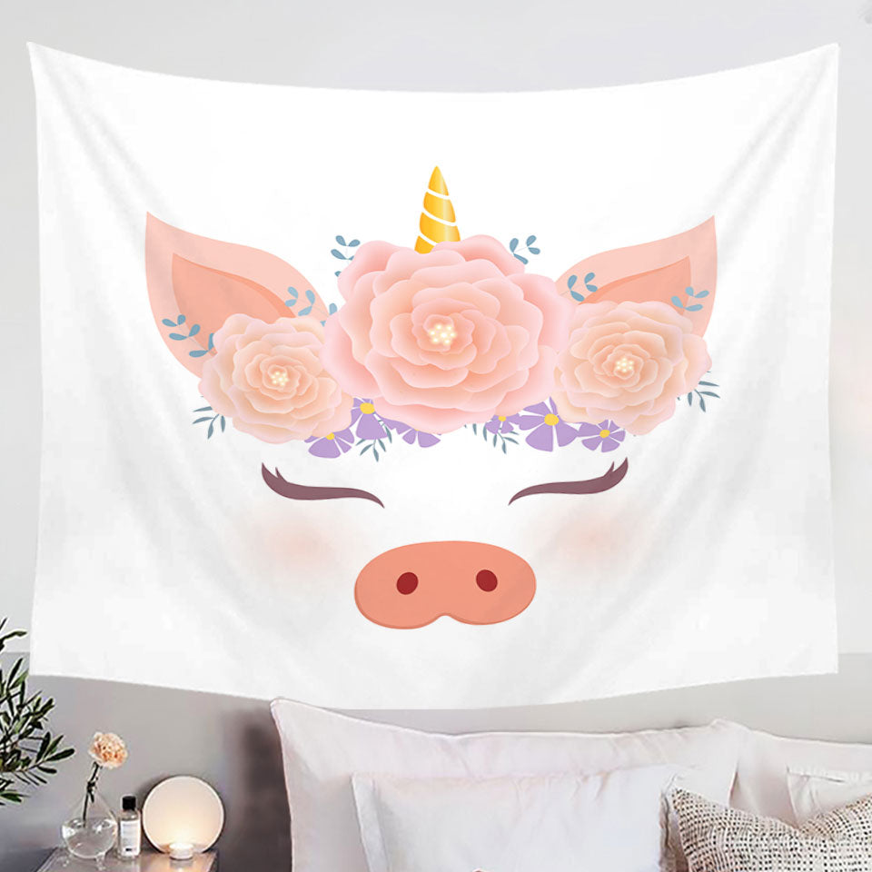 Flowery Unicorn Piggy Hanging Fabric On Wall