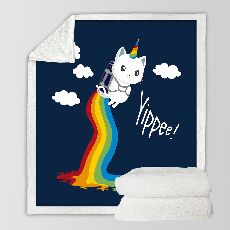 Flying Unicorn Cat Kids Sherpa Blankets