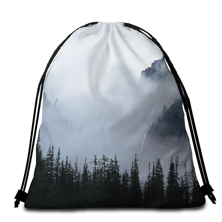 Foggy Mountain and Pine Trees Beach Bags and Towels