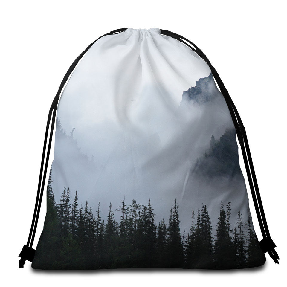 Foggy Mountain and Pine Trees Beach Bags and Towels