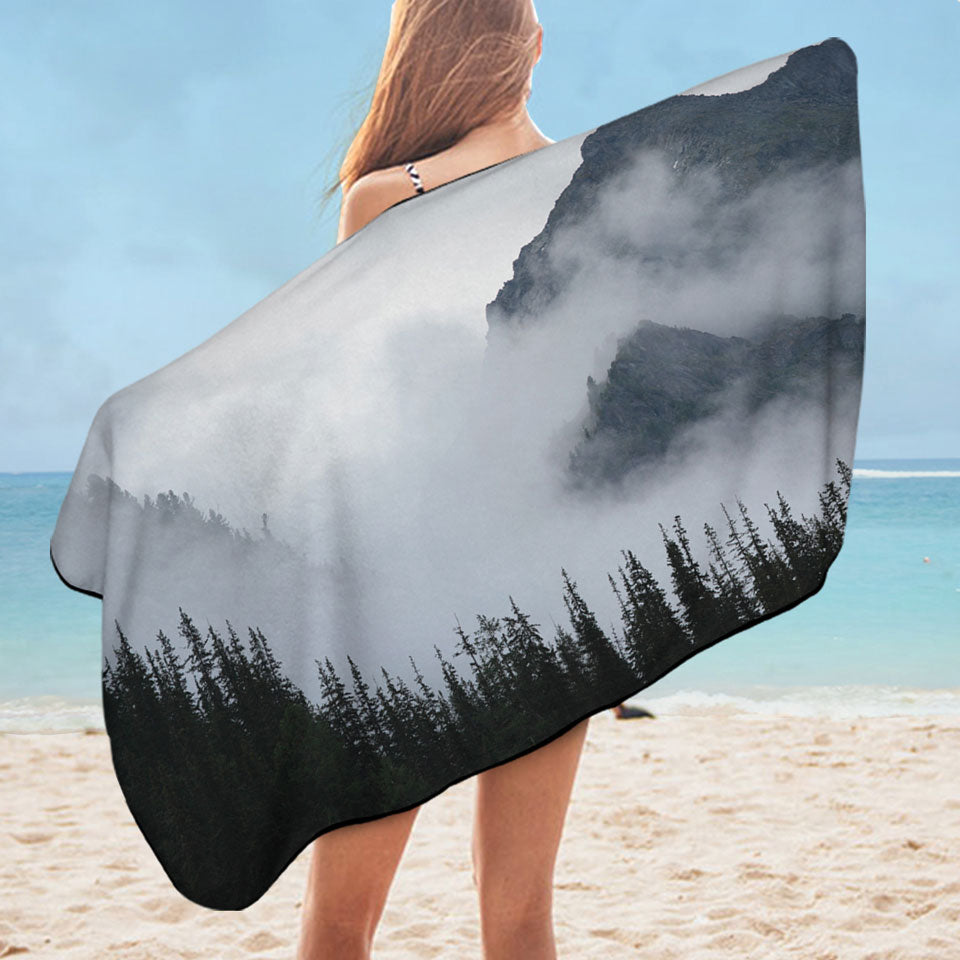 Foggy Mountain and Pine Trees Beach Towels