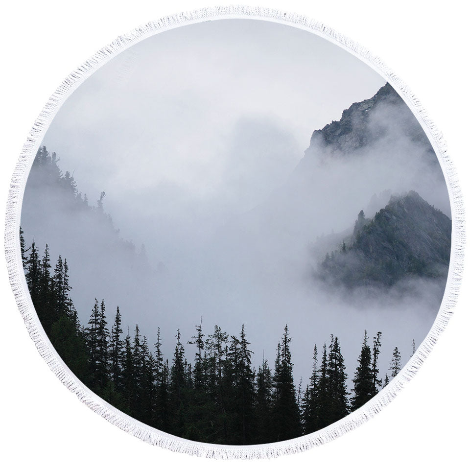 Foggy Mountain and Pine Trees Circle Beach Towel