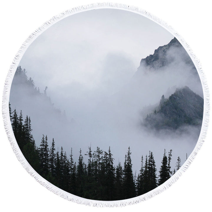 Foggy Mountain and Pine Trees Circle Beach Towel