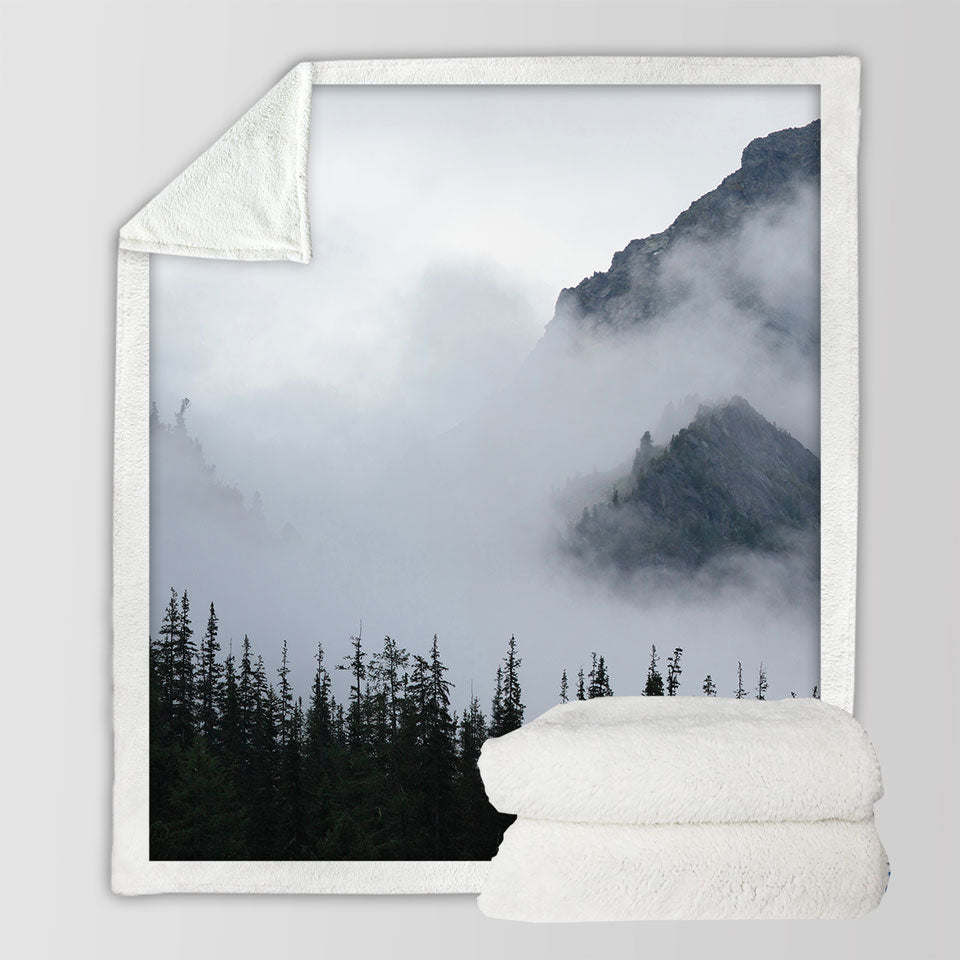 Foggy Mountain and Pine Trees Sherpa Blanket