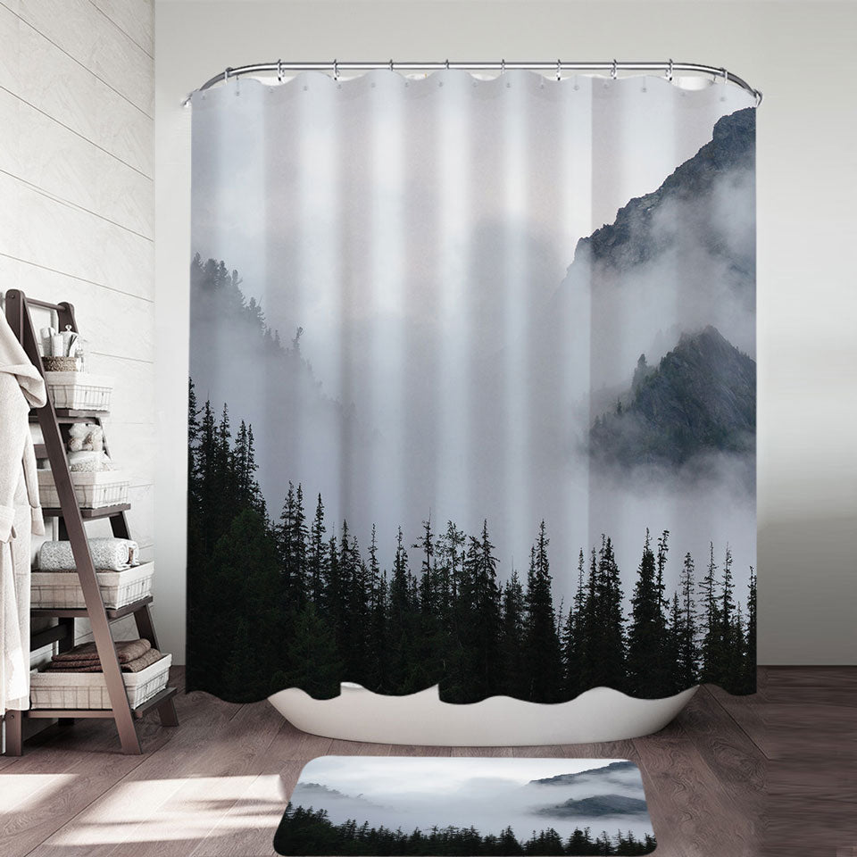 Foggy Mountain and Pine Trees Shower Curtains