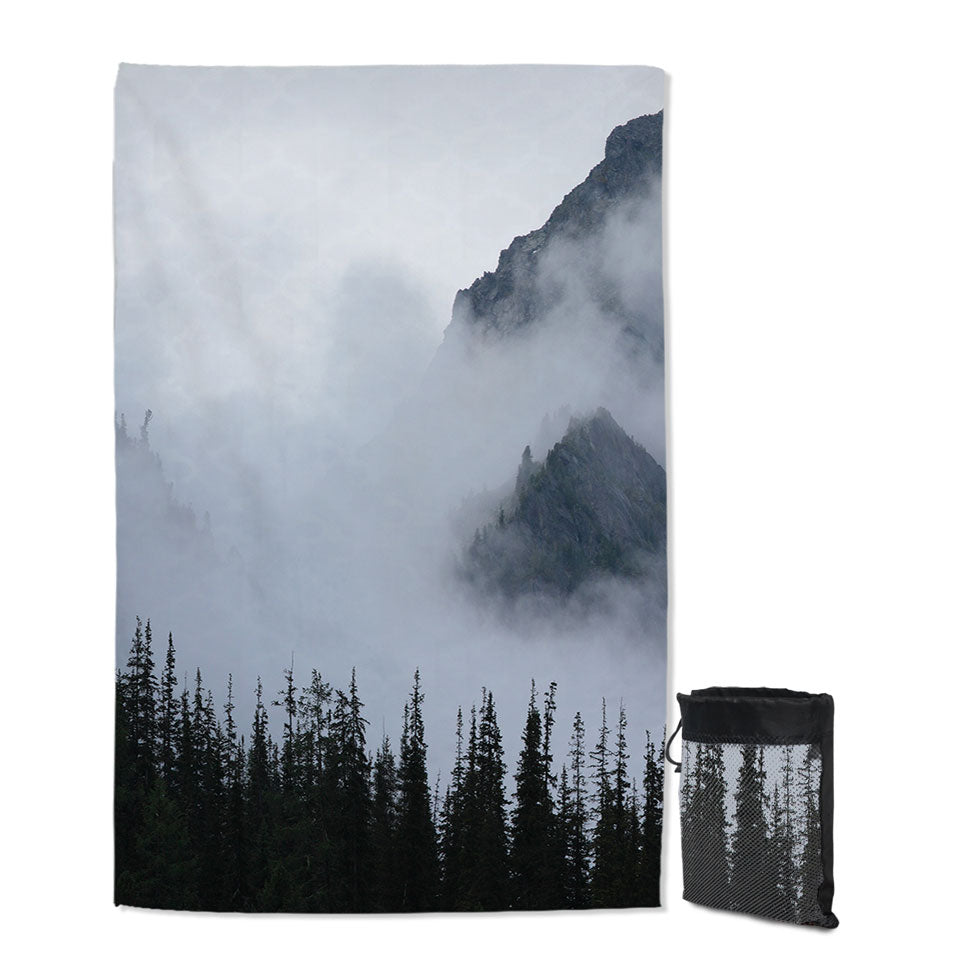 Foggy Mountain and Pine Trees Thin Beach Towels