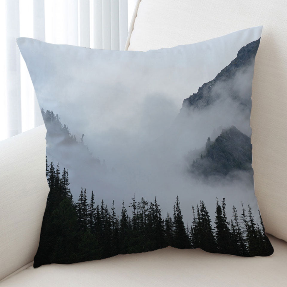Foggy Mountain and Pine Trees Throw Cushions
