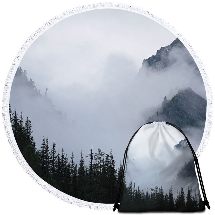 Foggy Mountain and Pine Trees Travel Beach Towel