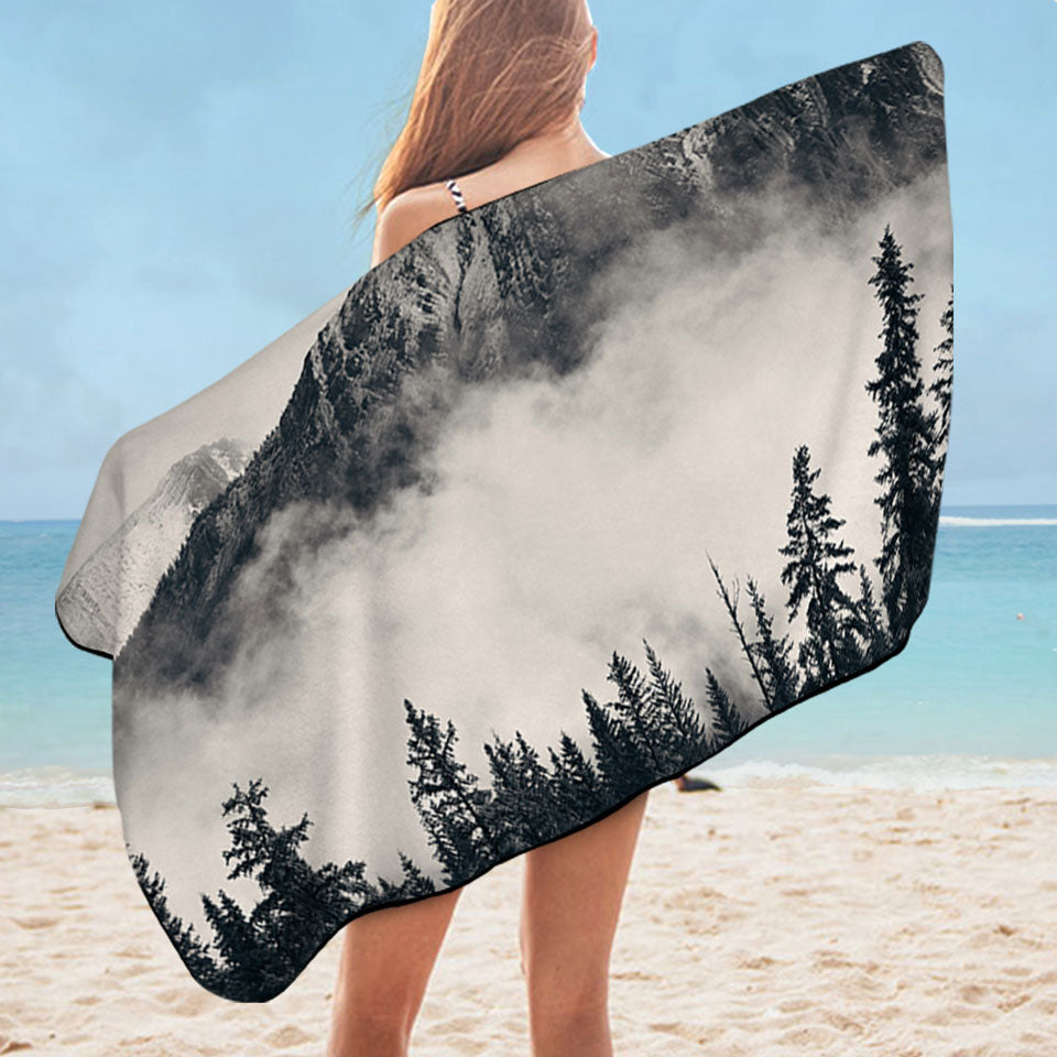Foggy Mountains and Forest Microfiber Beach Towel